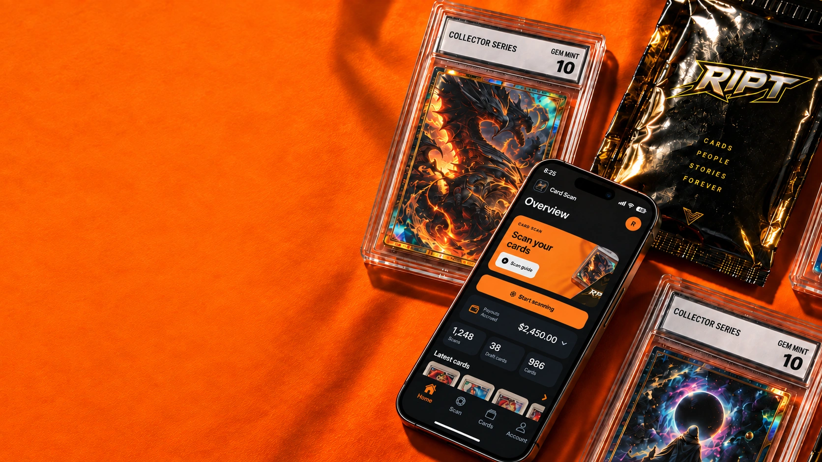 Ript's orange collector artwork with a pack, graded card, and Card Scan app